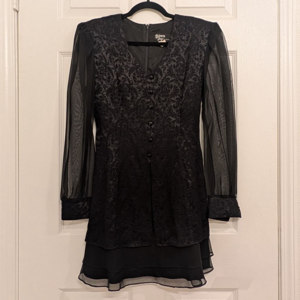 Vintage 90s Black Damask Mini Dress Sheer Chiffon Bell Sleeves Tiered Gothic 5/6